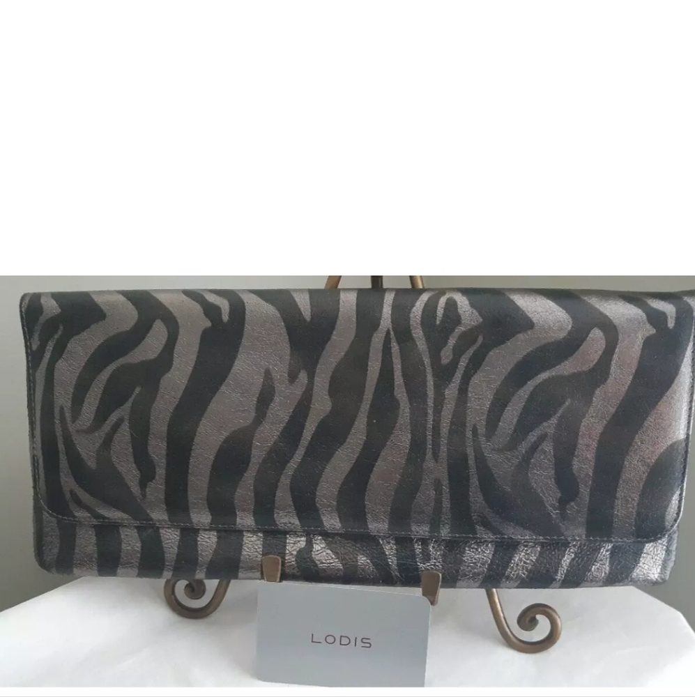 LODIS animal print metallic leather clutch purse evening bag FIOCCHI ITALY snap